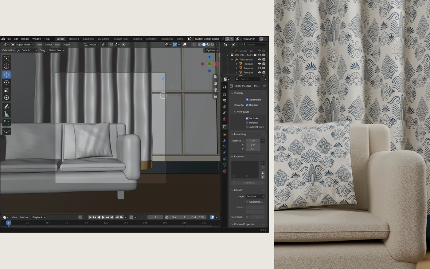 A working Blender scene beside its finished patterned curtains and cushion