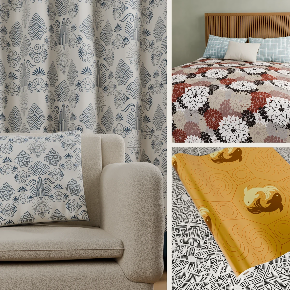 JP Patterns artwork visualized across curtains, a cushion, bedding, and koi fabric