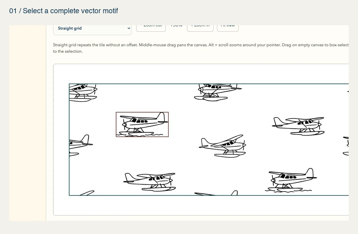 Pattern Studio editing a real seaplane pattern: move and remove vector elements, then export pattern swatches to a PDF